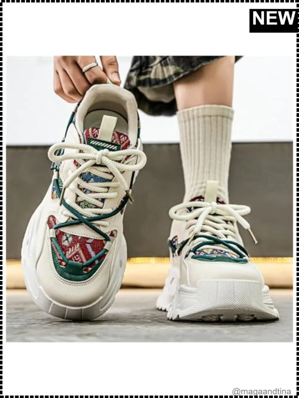 Leather Lace-Up Chunky Platform Sneakers Men Casual Walking Running Shoes